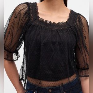 Black Lace Sheer Tulle Embroidered Top Sizes XS Petite & Small Petite